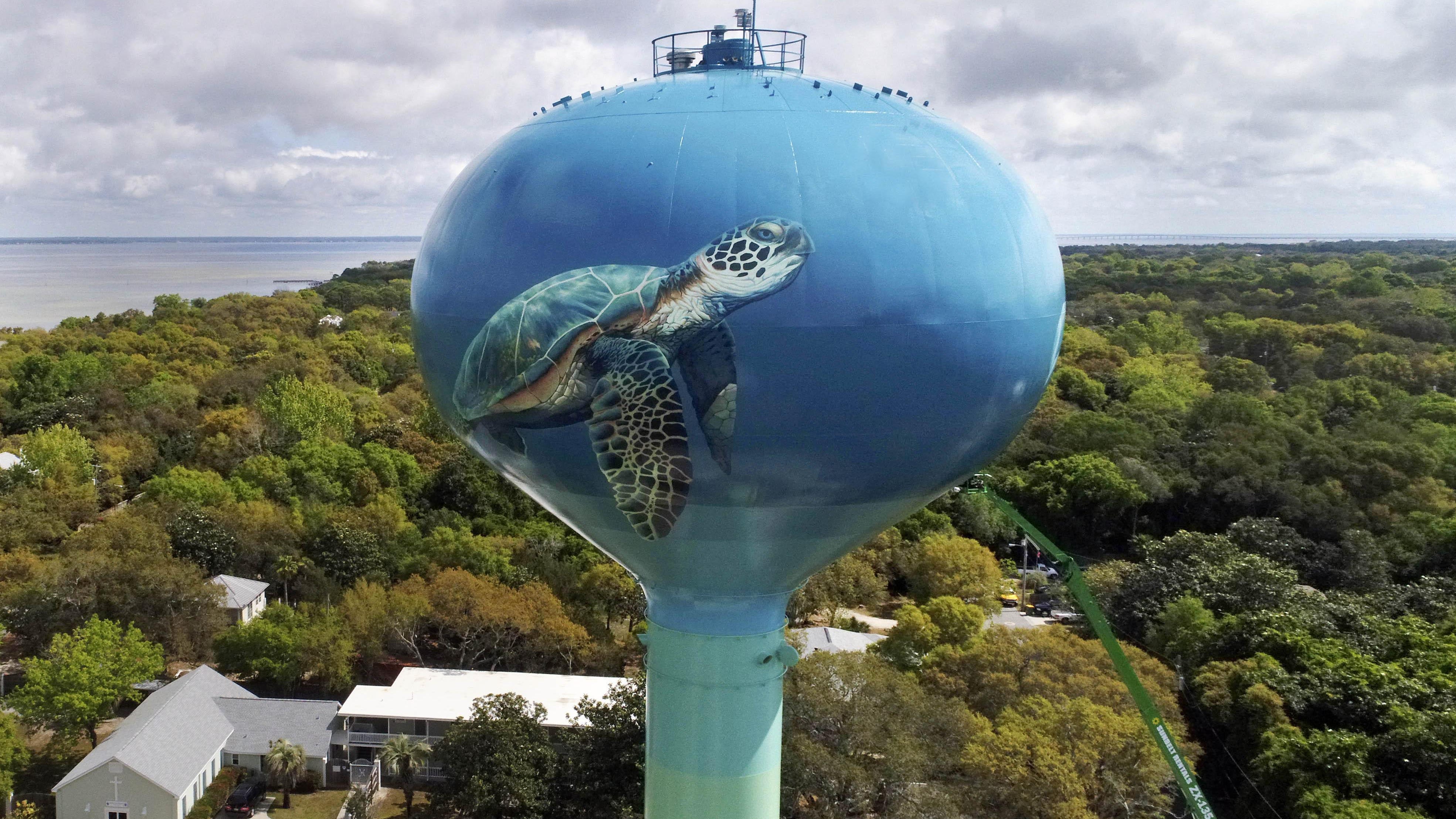 Artist Eric Henn painted this sea turtle on the south side of the new water tower off of Calhoun Avenue in Destin. Henn is currently working on the other side painting a pod of dolphins.